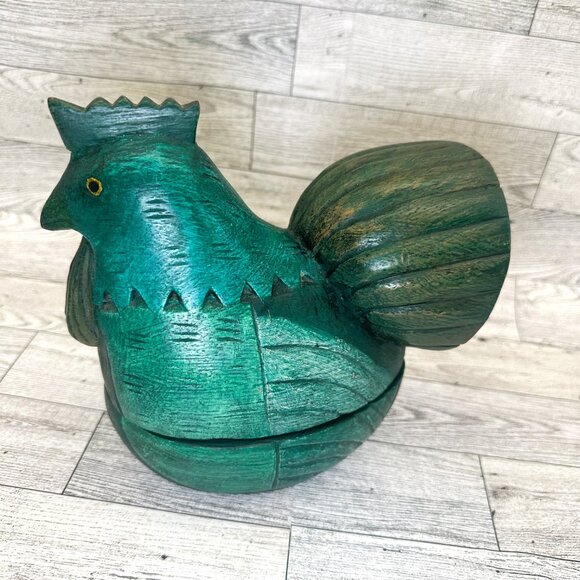 Hand Carved Hand Painted 2 Piece Green Wooden Rooster Trinket Box - Picture 2 of 11